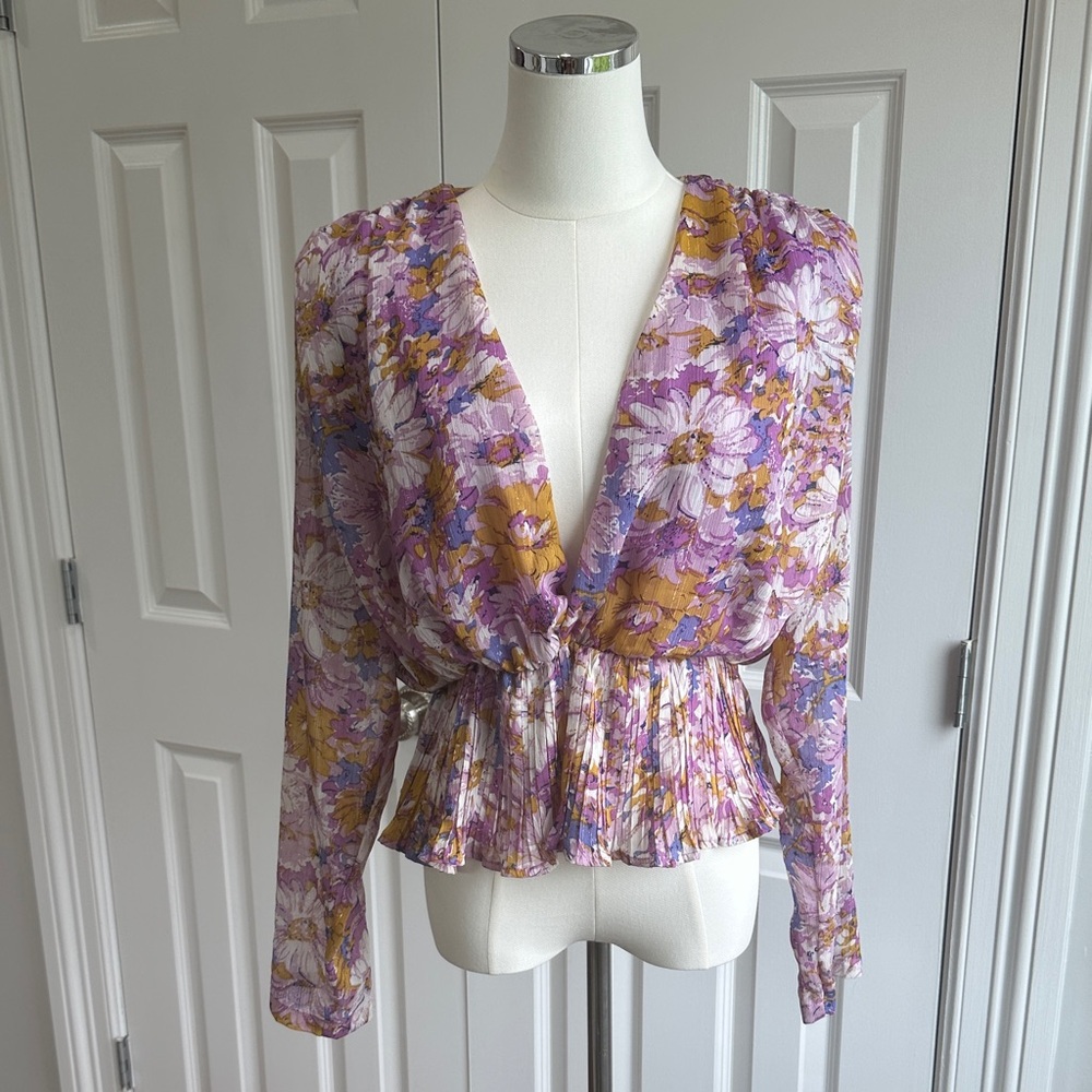 Nasty Gal Floral V-Neck Peplum Blouse - Purple and Yellow Size 2